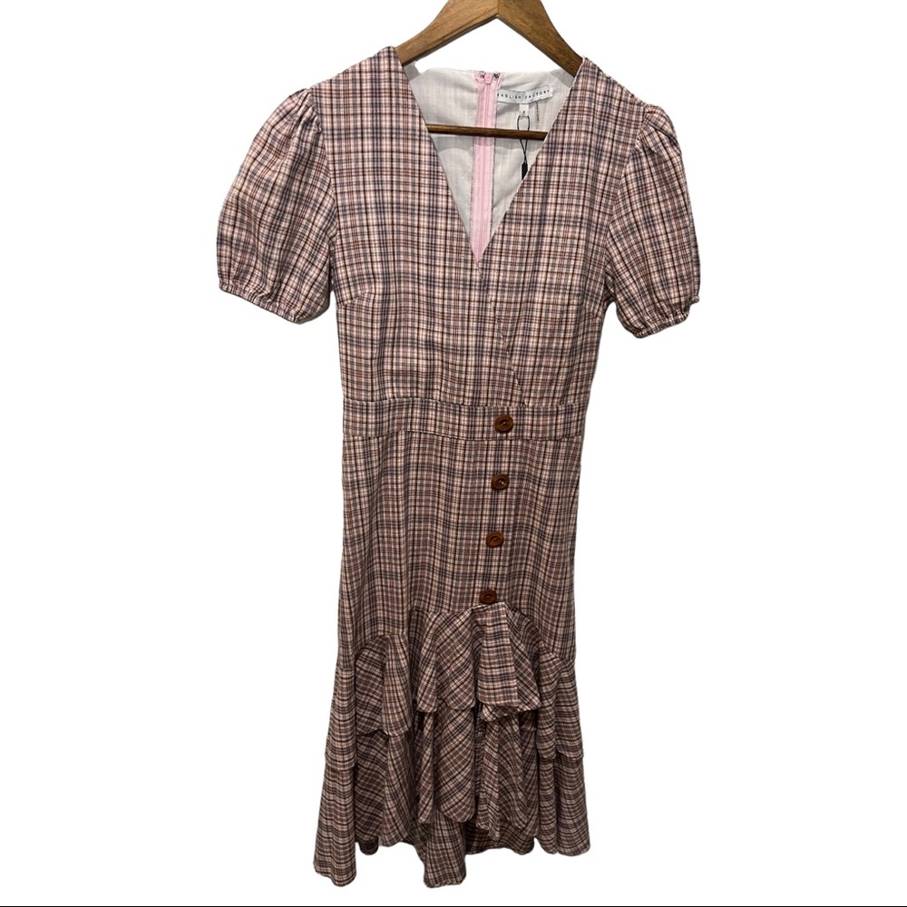 ENGLISH FACTORY PLAID PUFF SLEEVE RUFFLED WOOD BUTTON DETAILS DRESS SIZE SMALL - Picture 3 of 14
